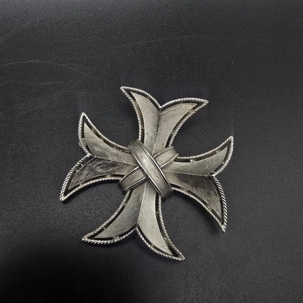 Crown Trifari Silver Tone Maltese Cross Brooch Vintage Costume Jewelry